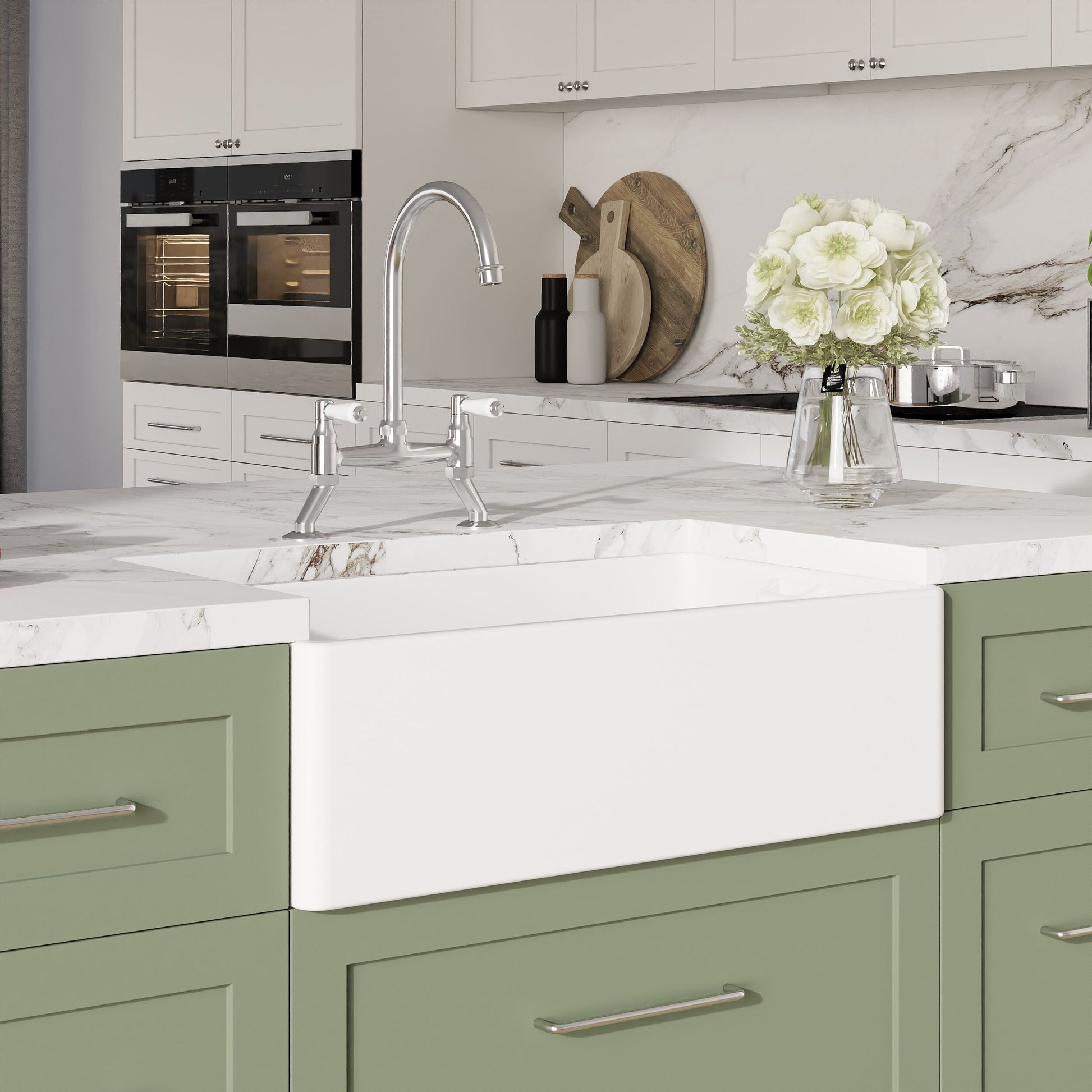 [BKS220WT5] Traditional Fireclay Kitchen Bundle: 1 Bowl Belfast Sink with Strainer Waste & Bridge Mixer Tap, 795mm - Chrome - Lifestyle 3