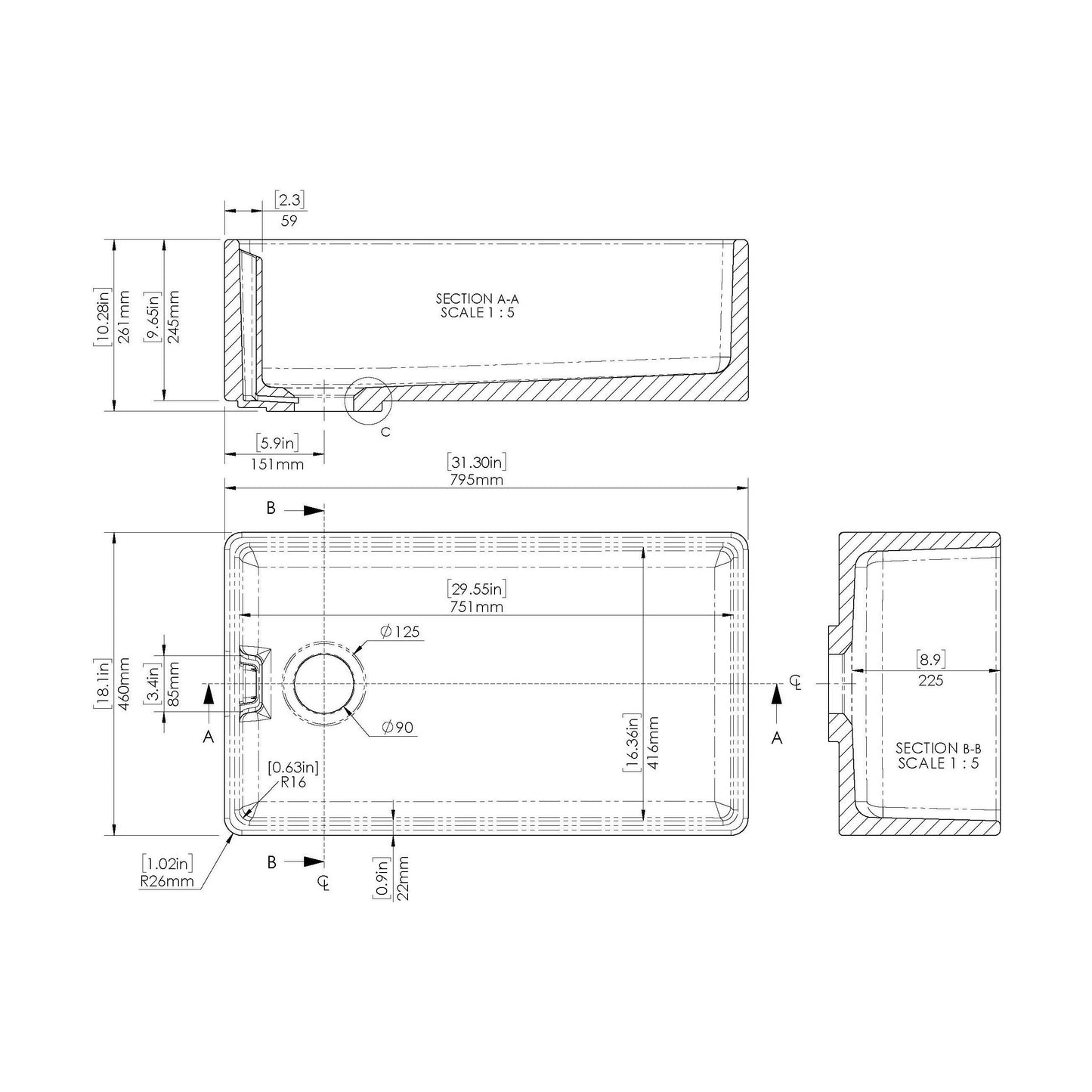 [BKS220W] 1 Bowl Fireclay Belfast Kitchen Sink & Basket Strainer Waste, 795 x 460 x 254mm - Technical Drawing