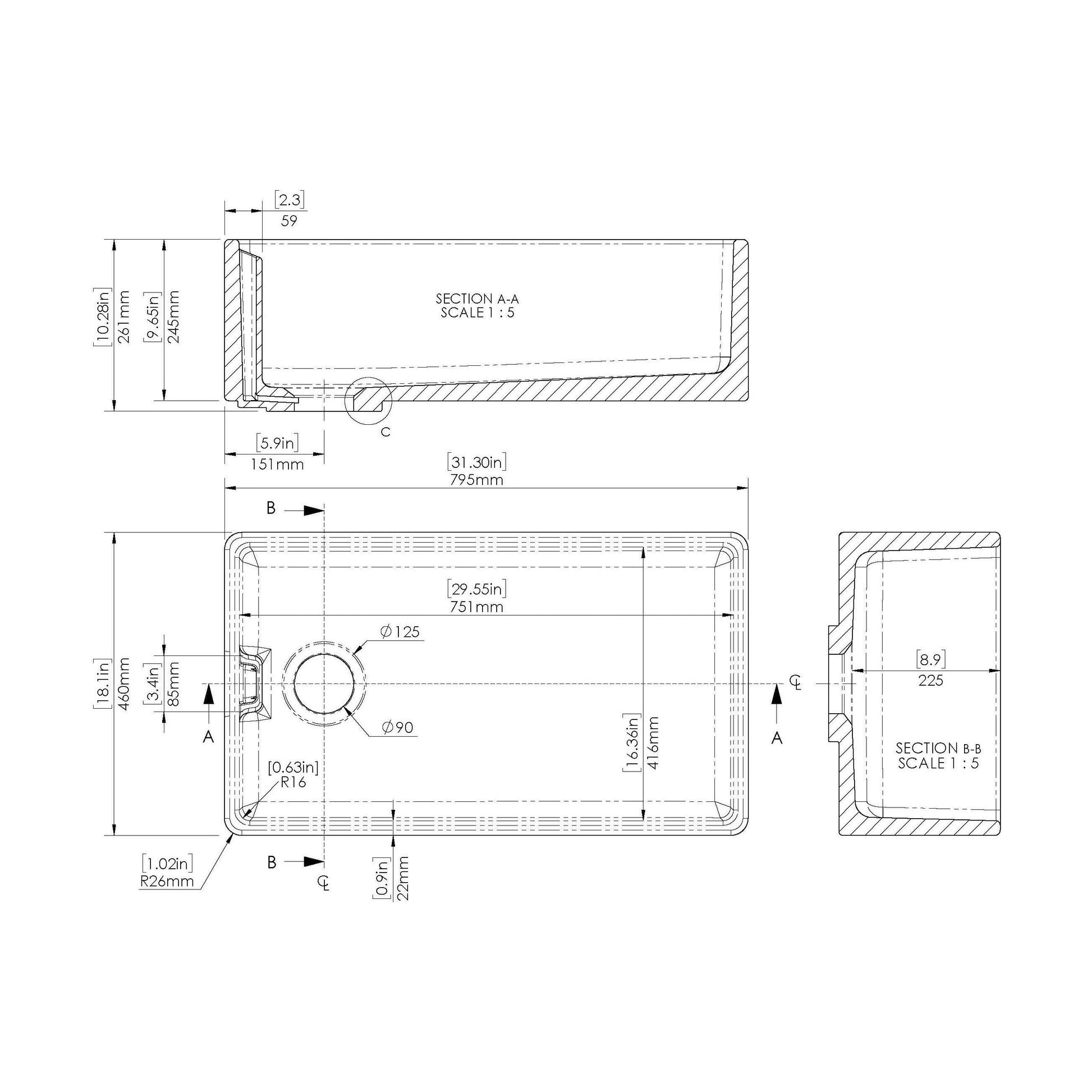 [BKS220] Single Bowl Fireclay Ceramic Belfast Kitchen Sink - Multiple Sizes Available - Technical Drawing
