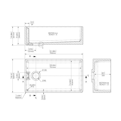 [BKS220] Single Bowl Fireclay Ceramic Belfast Kitchen Sink - Multiple Sizes Available - Technical Drawing