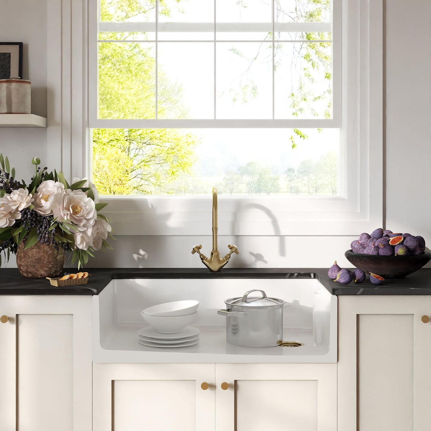 [BKS221WT11] Traditional Fireclay Kitchen Bundle: Single Bowl Belfast Sink, Strainer Waste & Mono Crosshead Handle Tap, 895mm - Brushed Brass - Lifestyle 1