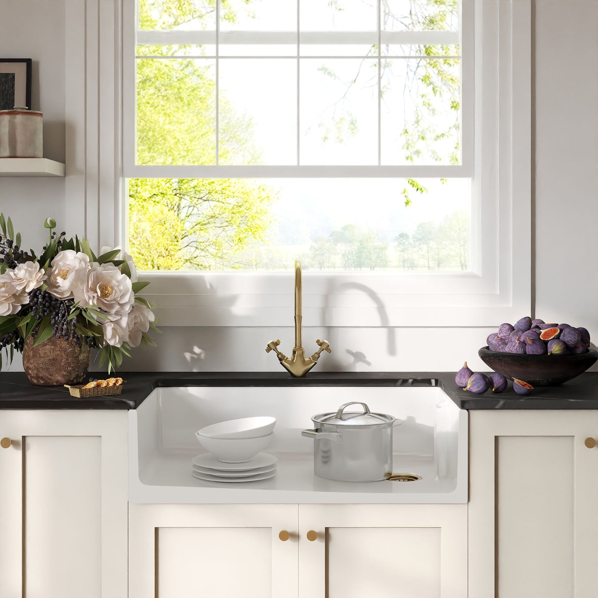[BKS221WT11] Traditional Fireclay Kitchen Bundle: Single Bowl Belfast Sink, Strainer Waste & Mono Crosshead Handle Tap, 895mm - Brushed Brass - Lifestyle 1