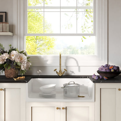 [BKS221WT11] Traditional Fireclay Kitchen Bundle: Single Bowl Belfast Sink, Strainer Waste & Mono Crosshead Handle Tap, 895mm - Brushed Brass - Lifestyle 1