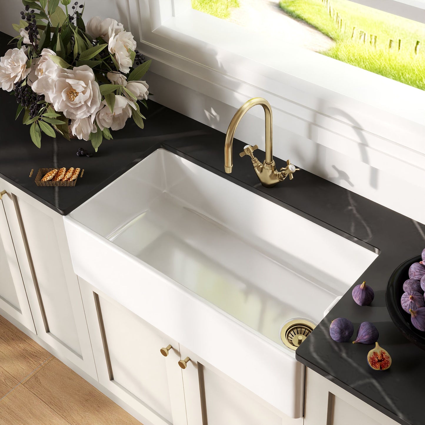 [BKS221WT11] Traditional Fireclay Kitchen Bundle: Single Bowl Belfast Sink, Strainer Waste & Mono Crosshead Handle Tap, 895mm - Brushed Brass - Lifestyle 2