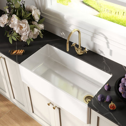 [BKS221WT11] Traditional Fireclay Kitchen Bundle: Single Bowl Belfast Sink, Strainer Waste & Mono Crosshead Handle Tap, 895mm - Brushed Brass - Lifestyle 2