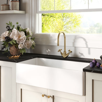 [BKS221WT11] Traditional Fireclay Kitchen Bundle: Single Bowl Belfast Sink, Strainer Waste & Mono Crosshead Handle Tap, 895mm - Brushed Brass - Lifestyle 3
