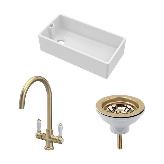 [BKS221WT12] Traditional Fireclay Kitchen Bundle: Single Bowl Belfast Sink with Strainer Waste & Mono Lever Handle Tap, 895mm - Brushed Brass - Cutout