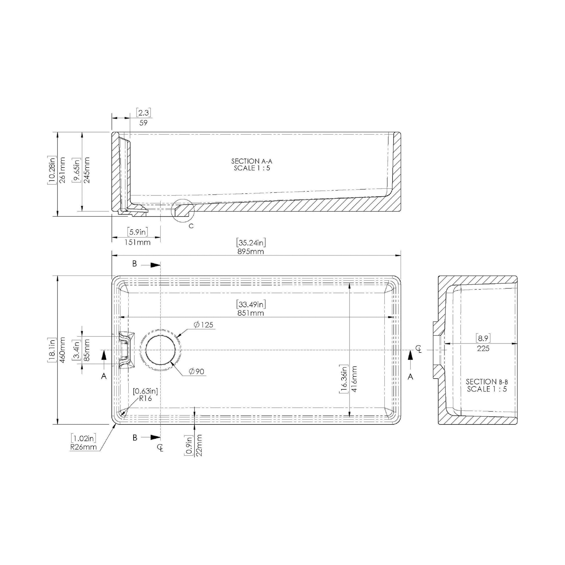 [BKS221WT12] Traditional Fireclay Kitchen Bundle: Single Bowl Belfast Sink with Strainer Waste & Mono Lever Handle Tap, 895mm - Brushed Brass - Technical Drawing