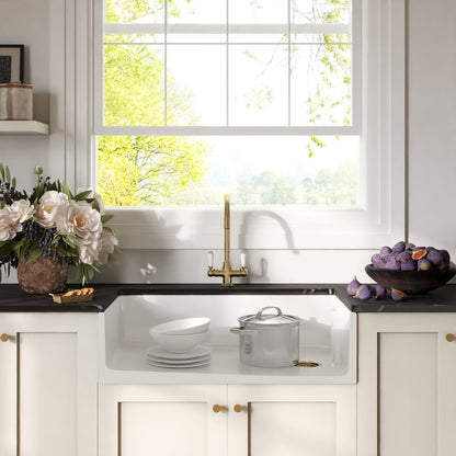 [BKS221WT12] Traditional Fireclay Kitchen Bundle: Single Bowl Belfast Sink with Strainer Waste & Mono Lever Handle Tap, 895mm - Brushed Brass - Lifestyle 1