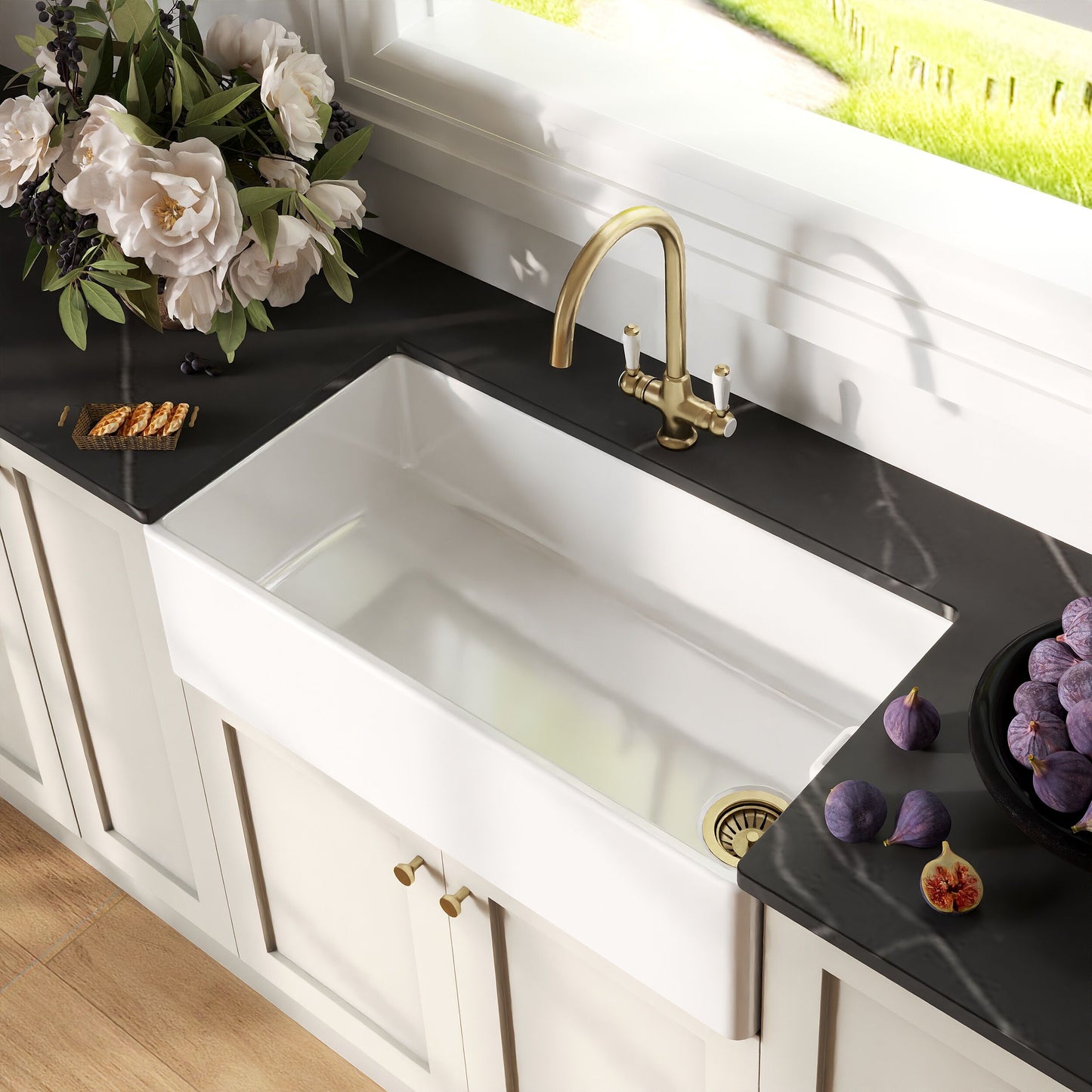 [BKS221WT12] Traditional Fireclay Kitchen Bundle: Single Bowl Belfast Sink with Strainer Waste & Mono Lever Handle Tap, 895mm - Brushed Brass - Lifestyle 2
