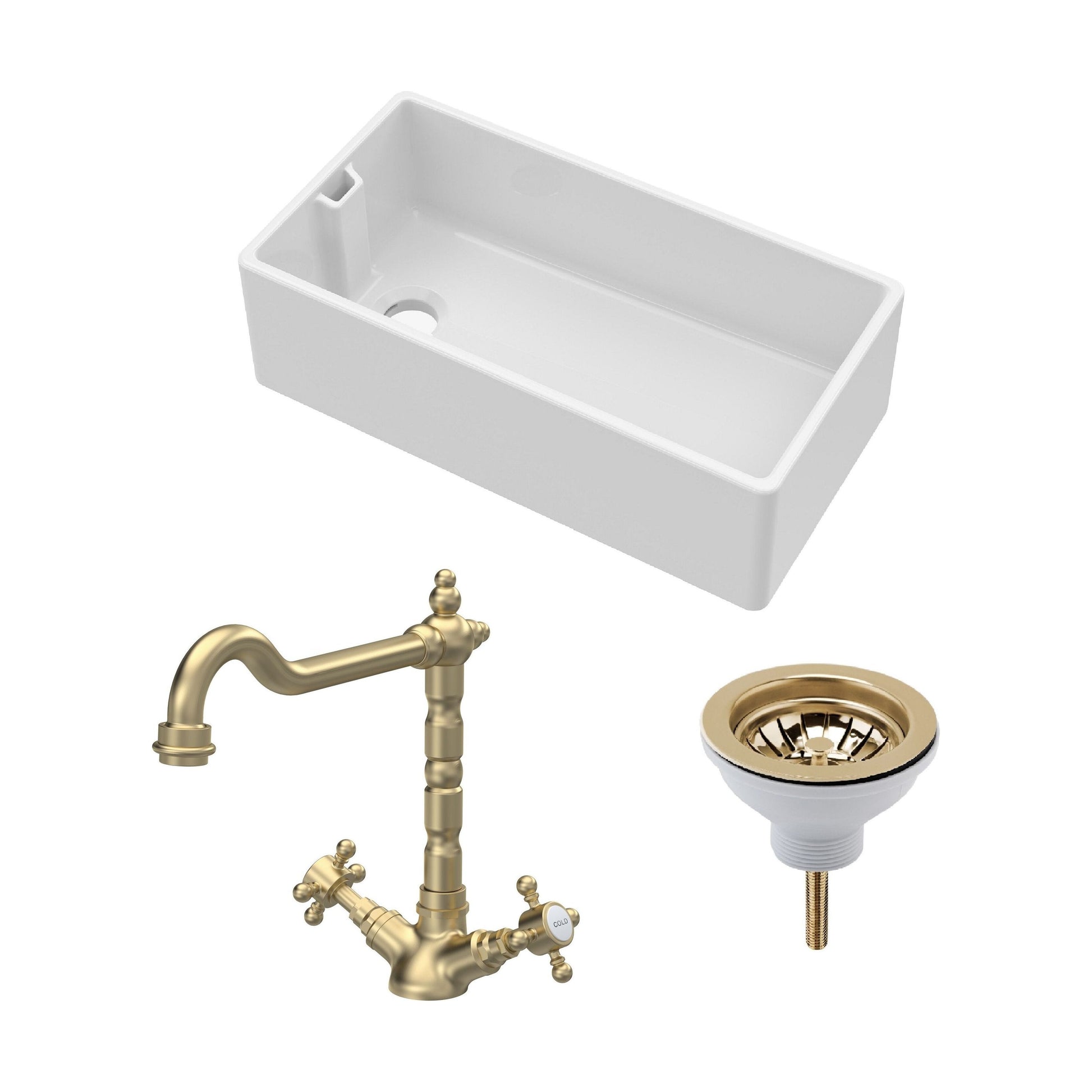 [BKS221WT13] Traditional Fireclay Kitchen Bundle: Single Bowl Belfast Sink, Strainer Waste & French Classic Mono Tap, 895mm - Brushed Brass - Cutout