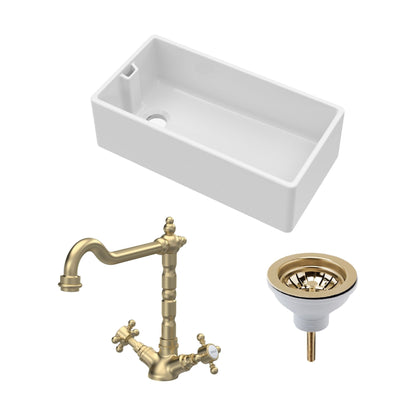 [BKS221WT13] Traditional Fireclay Kitchen Bundle: Single Bowl Belfast Sink, Strainer Waste & French Classic Mono Tap, 895mm - Brushed Brass - Cutout