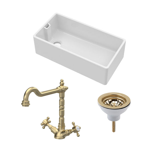 [BKS221WT13] Traditional Fireclay Kitchen Bundle: Single Bowl Belfast Sink, Strainer Waste & French Classic Mono Tap, 895mm - Brushed Brass - Cutout
