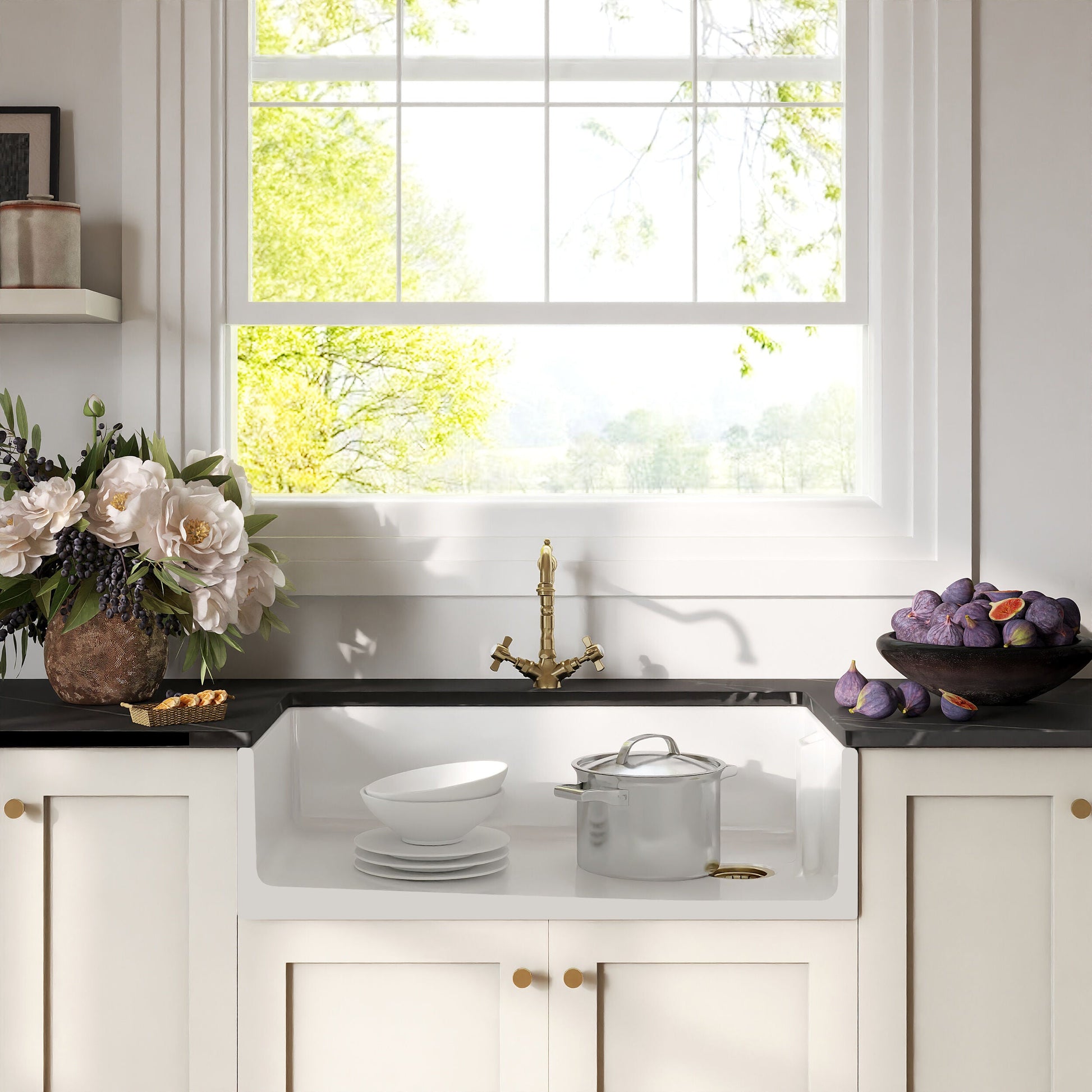 [BKS221WT13] Traditional Fireclay Kitchen Bundle: Single Bowl Belfast Sink, Strainer Waste & French Classic Mono Tap, 895mm - Brushed Brass - Lifestyle 1