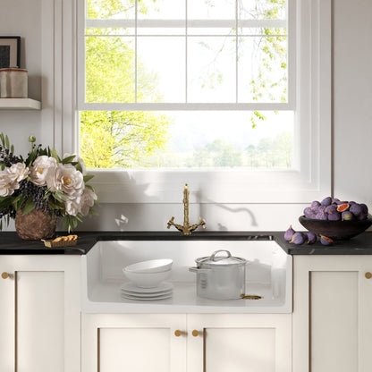 [BKS221WT13] Traditional Fireclay Kitchen Bundle: Single Bowl Belfast Sink, Strainer Waste & French Classic Mono Tap, 895mm - Brushed Brass - Lifestyle 1