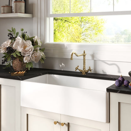 [BKS221WT13] Traditional Fireclay Kitchen Bundle: Single Bowl Belfast Sink, Strainer Waste & French Classic Mono Tap, 895mm - Brushed Brass - Lifestyle 3