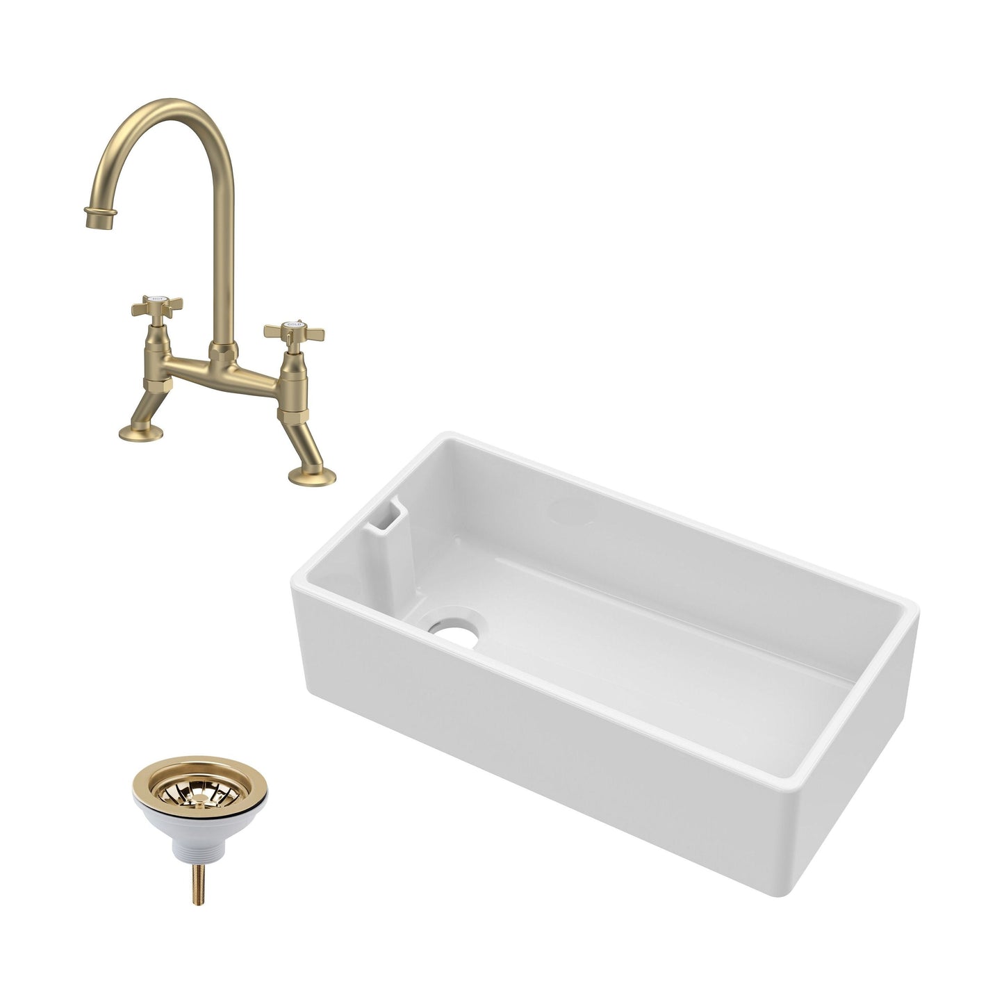 [BKS221WT14] Traditional Fireclay Kitchen Bundle: Single Bowl Belfast Sink, Strainer Waste & Bridge Crosshead Mixer Tap, 895mm - Brushed Brass - Cutout