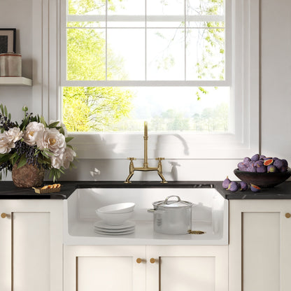 [BKS221WT14] Traditional Fireclay Kitchen Bundle: Single Bowl Belfast Sink, Strainer Waste & Bridge Crosshead Mixer Tap, 895mm - Brushed Brass - Lifestyle 1