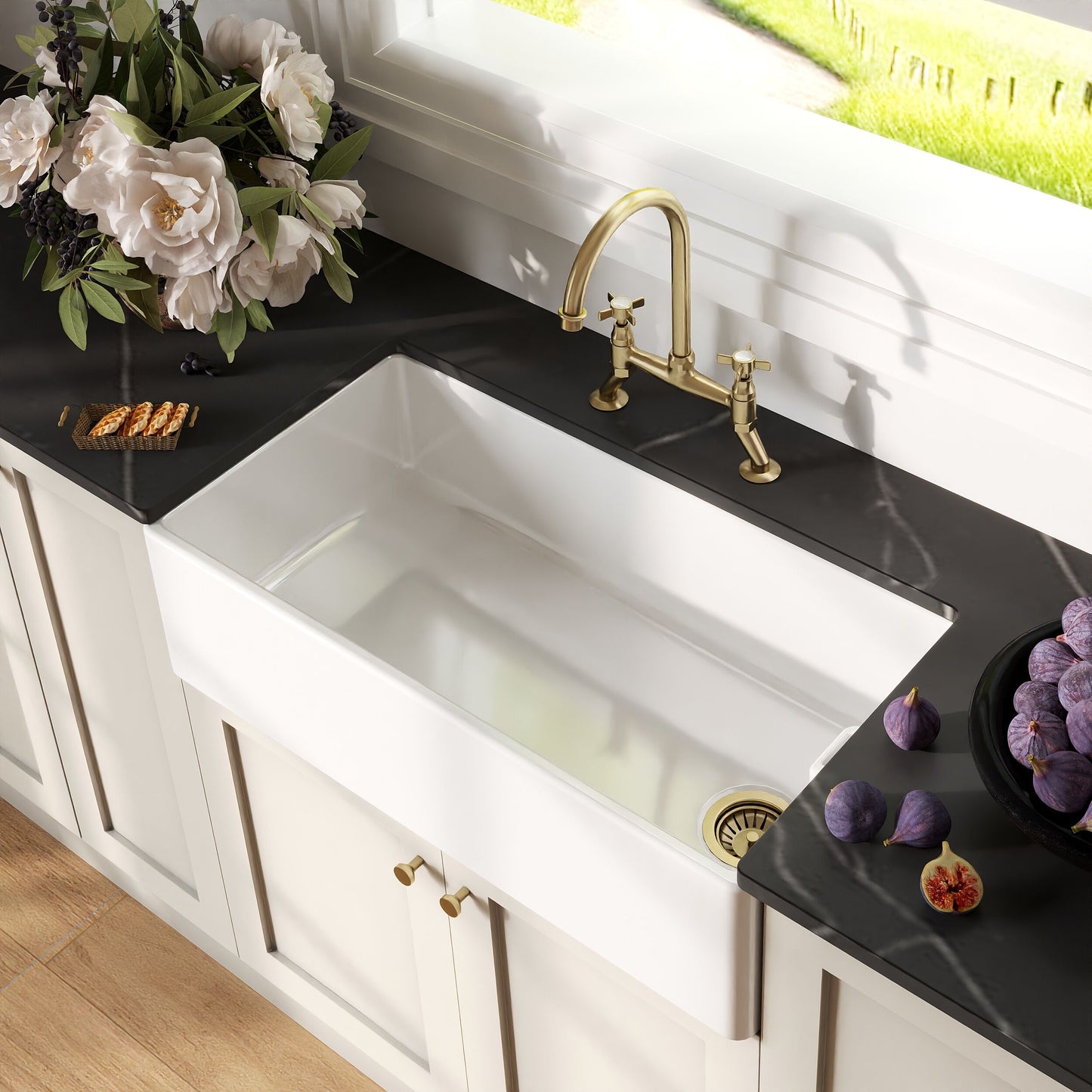 [BKS221WT14] Traditional Fireclay Kitchen Bundle: Single Bowl Belfast Sink, Strainer Waste & Bridge Crosshead Mixer Tap, 895mm - Brushed Brass - Lifestyle 2