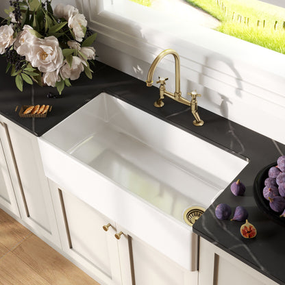 [BKS221WT14] Traditional Fireclay Kitchen Bundle: Single Bowl Belfast Sink, Strainer Waste & Bridge Crosshead Mixer Tap, 895mm - Brushed Brass - Lifestyle 2