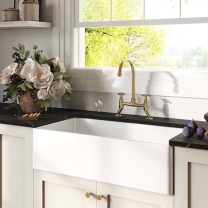 [BKS221WT14] Traditional Fireclay Kitchen Bundle: Single Bowl Belfast Sink, Strainer Waste & Bridge Crosshead Mixer Tap, 895mm - Brushed Brass - Lifestyle 3