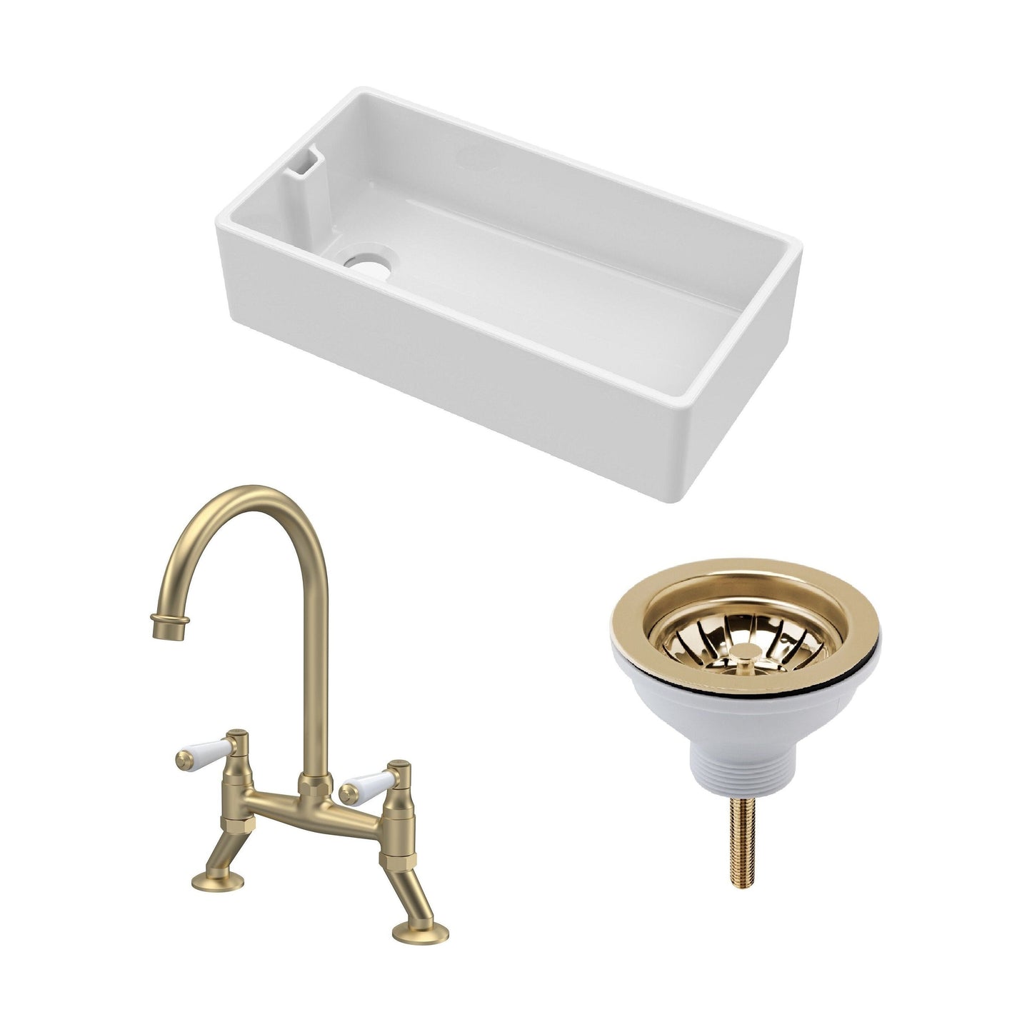 [BKS221WT15] Traditional Fireclay Kitchen Bundle: 1 Bowl Belfast Sink with Strainer Waste & Bridge Lever Mixer Tap, 895mm - Brushed Brass - Cutout