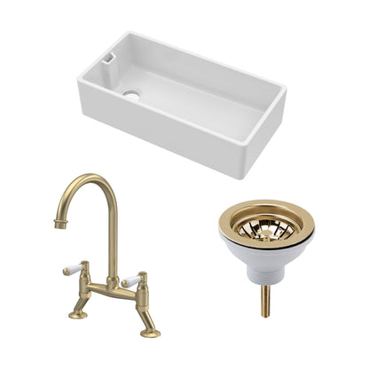 [BKS221WT15] Traditional Fireclay Kitchen Bundle: 1 Bowl Belfast Sink with Strainer Waste & Bridge Lever Mixer Tap, 895mm - Brushed Brass - Cutout