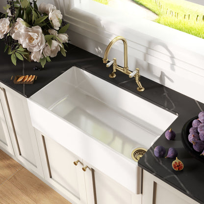 [BKS221WT15] Traditional Fireclay Kitchen Bundle: 1 Bowl Belfast Sink with Strainer Waste & Bridge Lever Mixer Tap, 895mm - Brushed Brass - Lifestyle 2