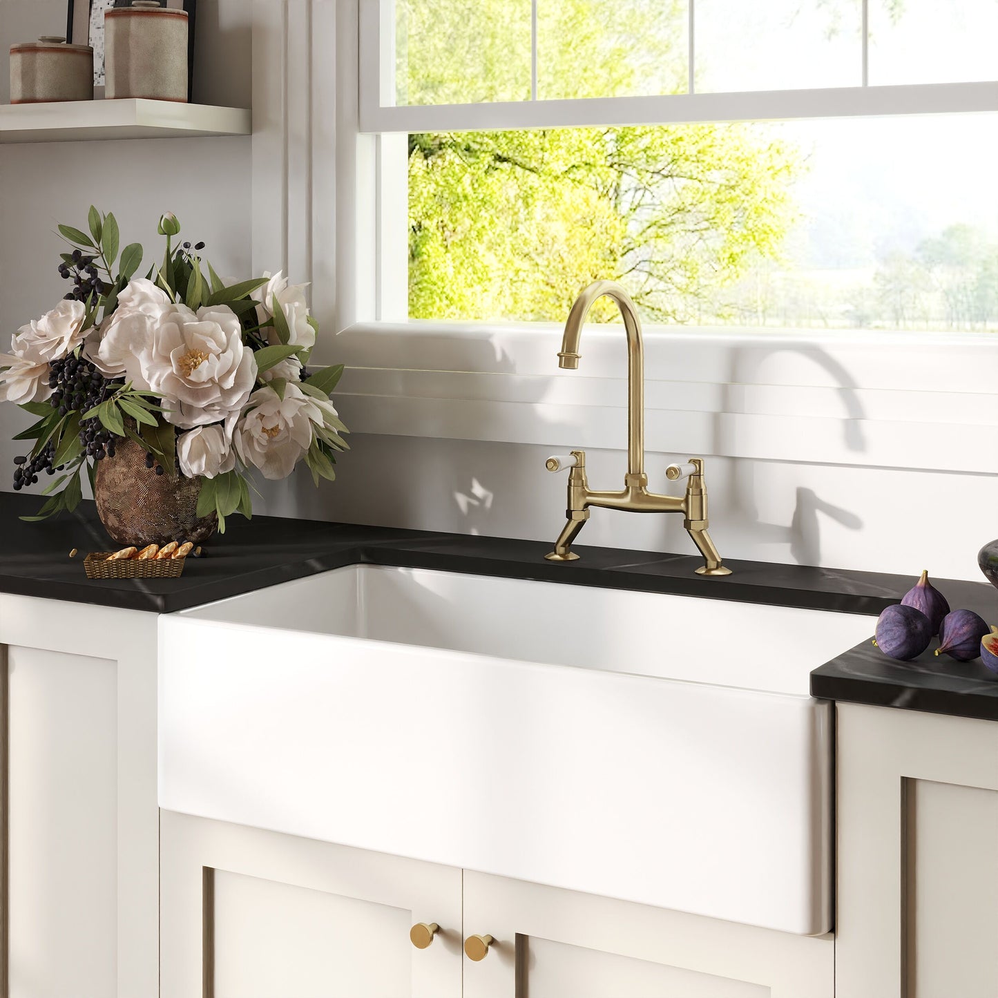 [BKS221WT15] Traditional Fireclay Kitchen Bundle: 1 Bowl Belfast Sink with Strainer Waste & Bridge Lever Mixer Tap, 895mm - Brushed Brass - Lifestyle 3