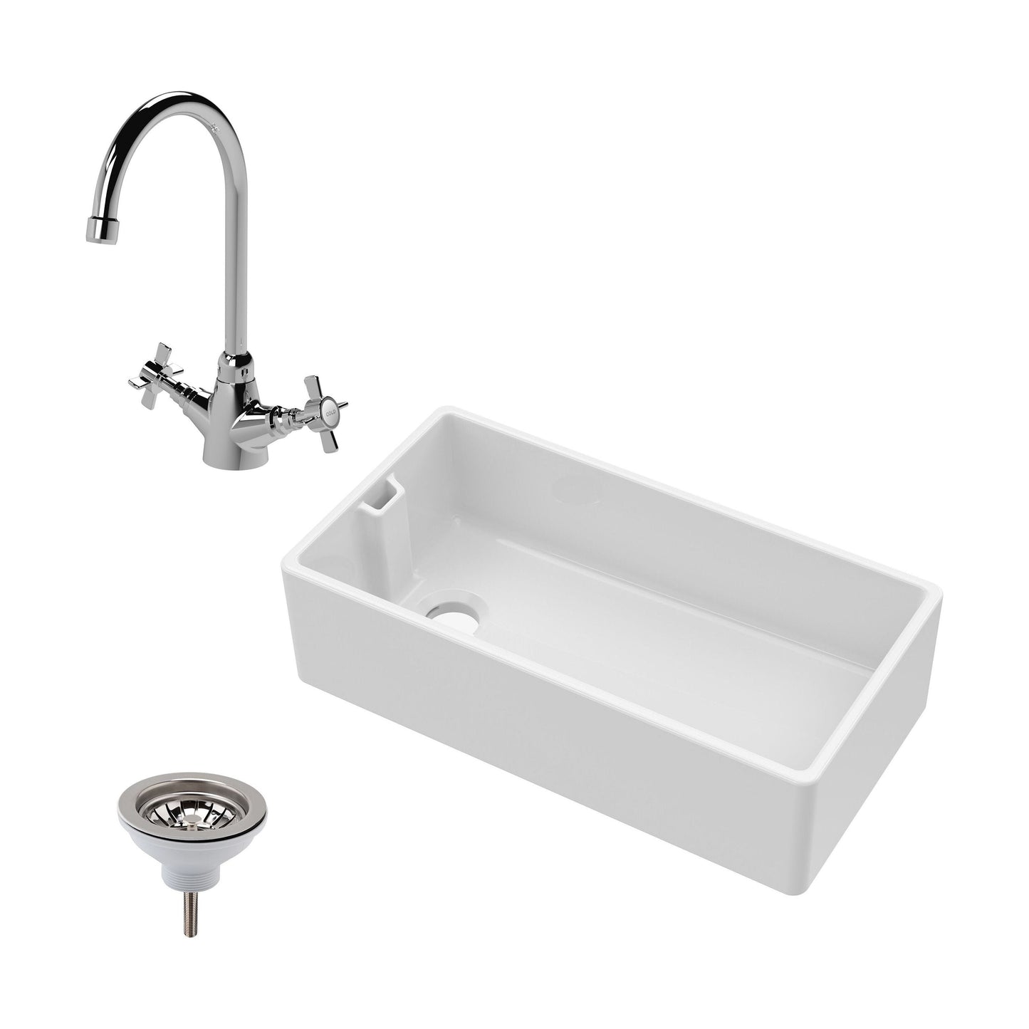 [BKS221WT2] Single Bowl Fireclay Ceramic Belfast Kitchen Sink Bundle with Overflow Mono Sink Mixer Tap & Waste - Cutout
