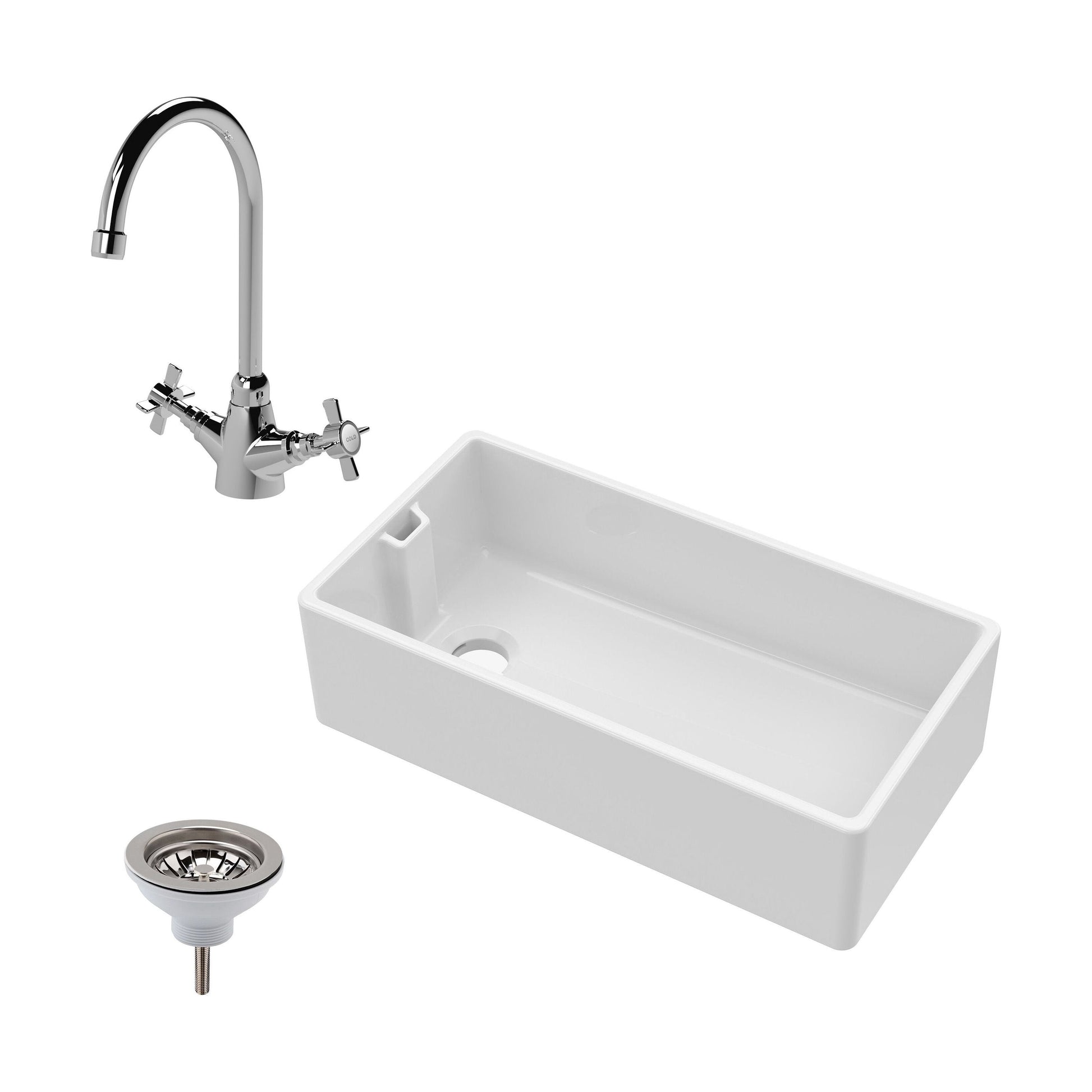[BKS221WT2] Single Bowl Fireclay Ceramic Belfast Kitchen Sink Bundle with Overflow Mono Sink Mixer Tap & Waste - Cutout