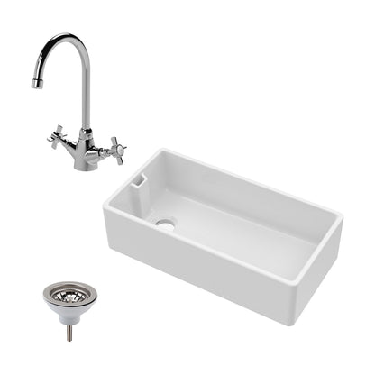 [BKS221WT2] Single Bowl Fireclay Ceramic Belfast Kitchen Sink Bundle with Overflow Mono Sink Mixer Tap & Waste - Cutout