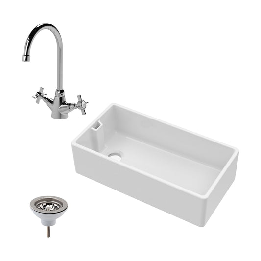 [BKS221WT2] Single Bowl Fireclay Ceramic Belfast Kitchen Sink Bundle with Overflow Mono Sink Mixer Tap & Waste - Cutout