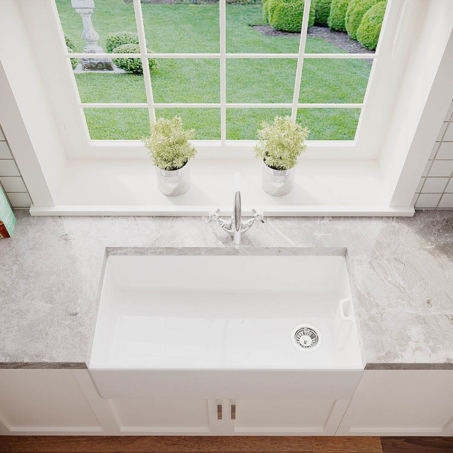 [BKS221WT2] Single Bowl Fireclay Ceramic Belfast Kitchen Sink Bundle with Overflow Mono Sink Mixer Tap & Waste - Lifestyle 2