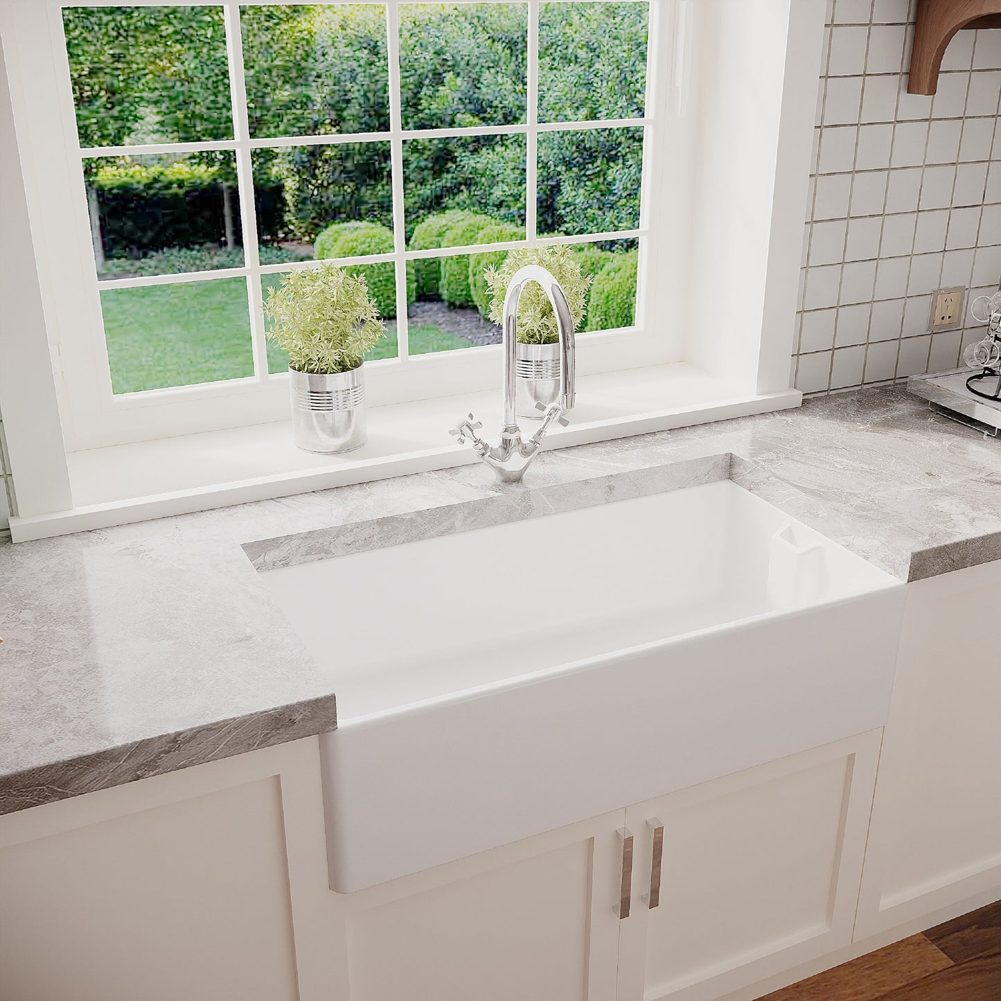 [BKS221WT2] Single Bowl Fireclay Ceramic Belfast Kitchen Sink Bundle with Overflow Mono Sink Mixer Tap & Waste - Lifestyle 3