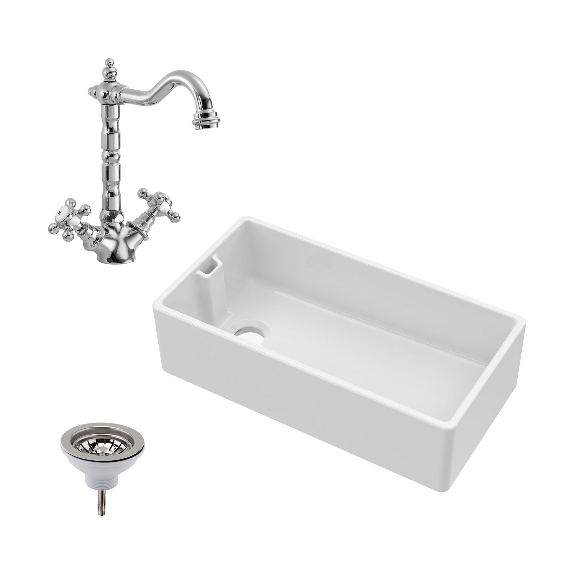 [BKS221WT4] Traditional 90cm Fireclay Ceramic Belfast Kitchen Sink Bundle with French Classic Tap & Waste - 895mm - Cutout
