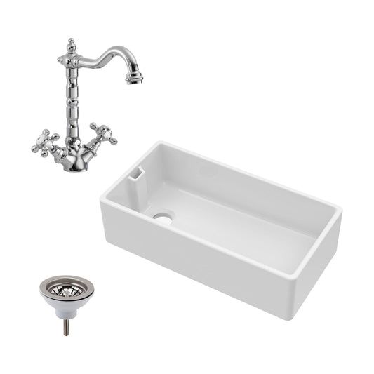 [BKS221WT4] Traditional 90cm Fireclay Ceramic Belfast Kitchen Sink Bundle with French Classic Tap & Waste - 895mm - Cutout