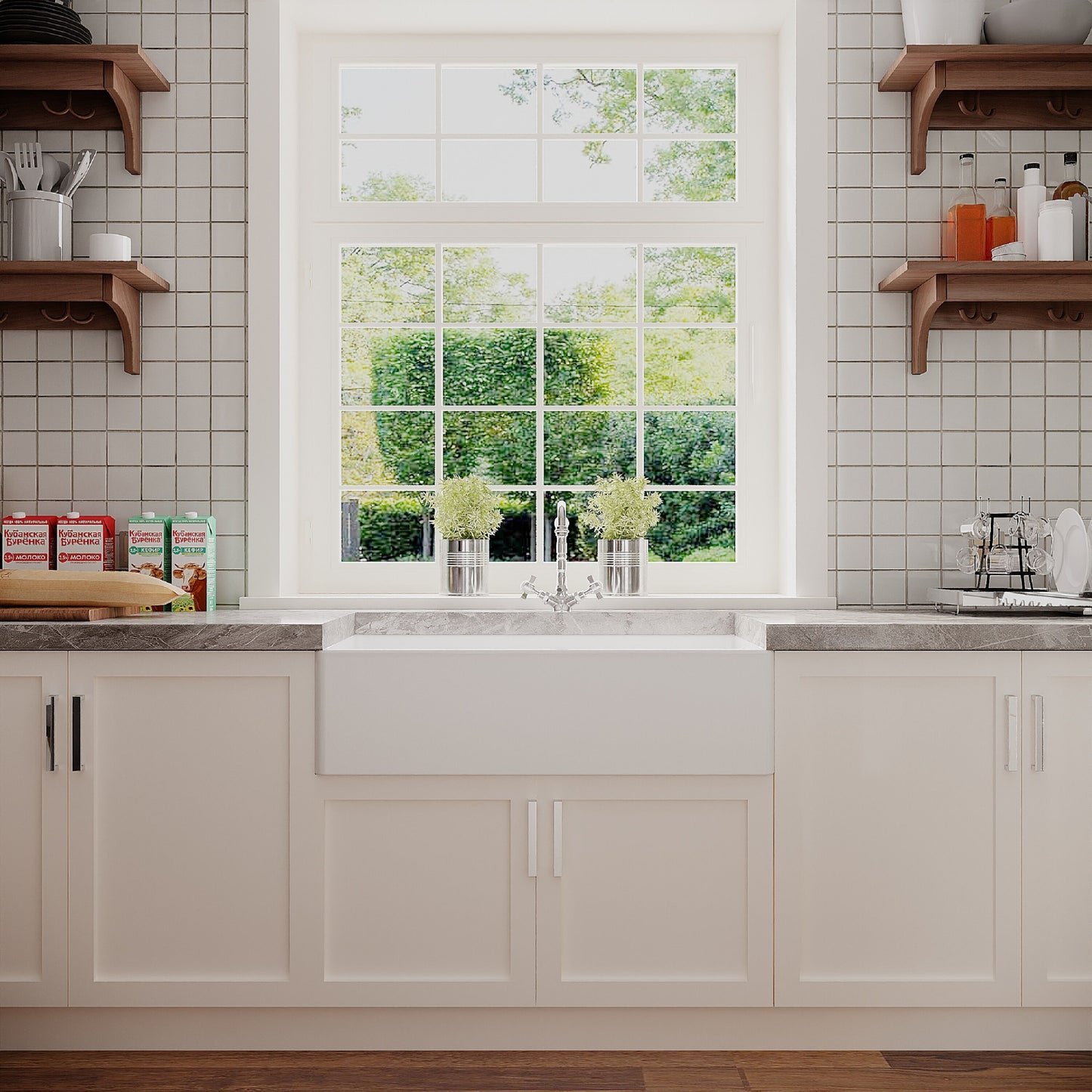 [BKS221WT4] Traditional 90cm Fireclay Ceramic Belfast Kitchen Sink Bundle with French Classic Tap & Waste - 895mm - Lifestyle 1