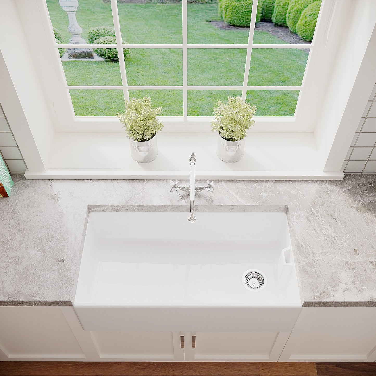 [BKS221WT4] Traditional 90cm Fireclay Ceramic Belfast Kitchen Sink Bundle with French Classic Tap & Waste - 895mm - Lifestyle 2