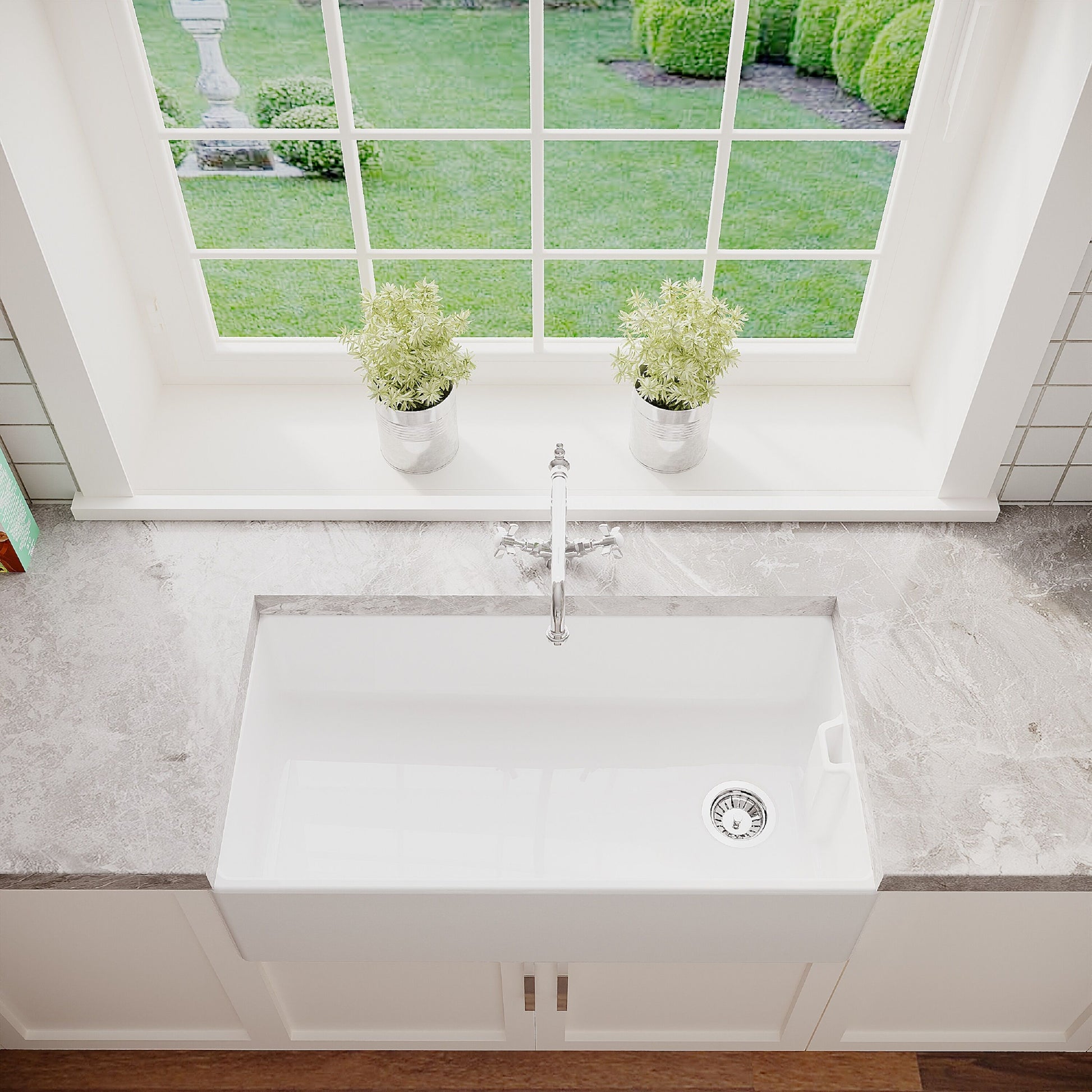 [BKS221WT4] Traditional 90cm Fireclay Ceramic Belfast Kitchen Sink Bundle with French Classic Tap & Waste - 895mm - Lifestyle 2