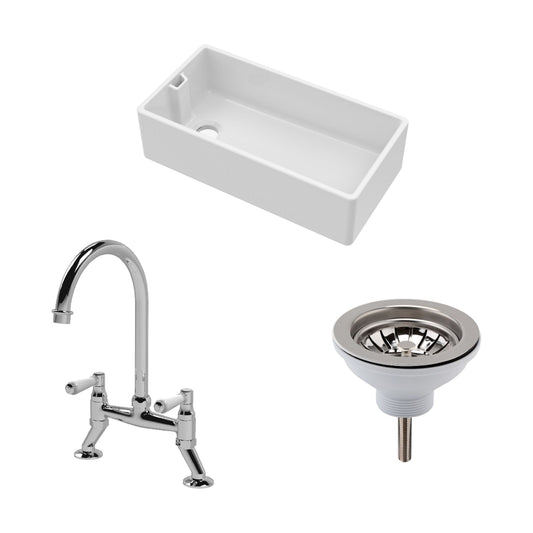 [BKS221WT5] Traditional Fireclay Kitchen Bundle: Single Bowl Belfast Sink, Strainer Waste & Bridge Mixer Tap, 895mm - Chrome - Cutout