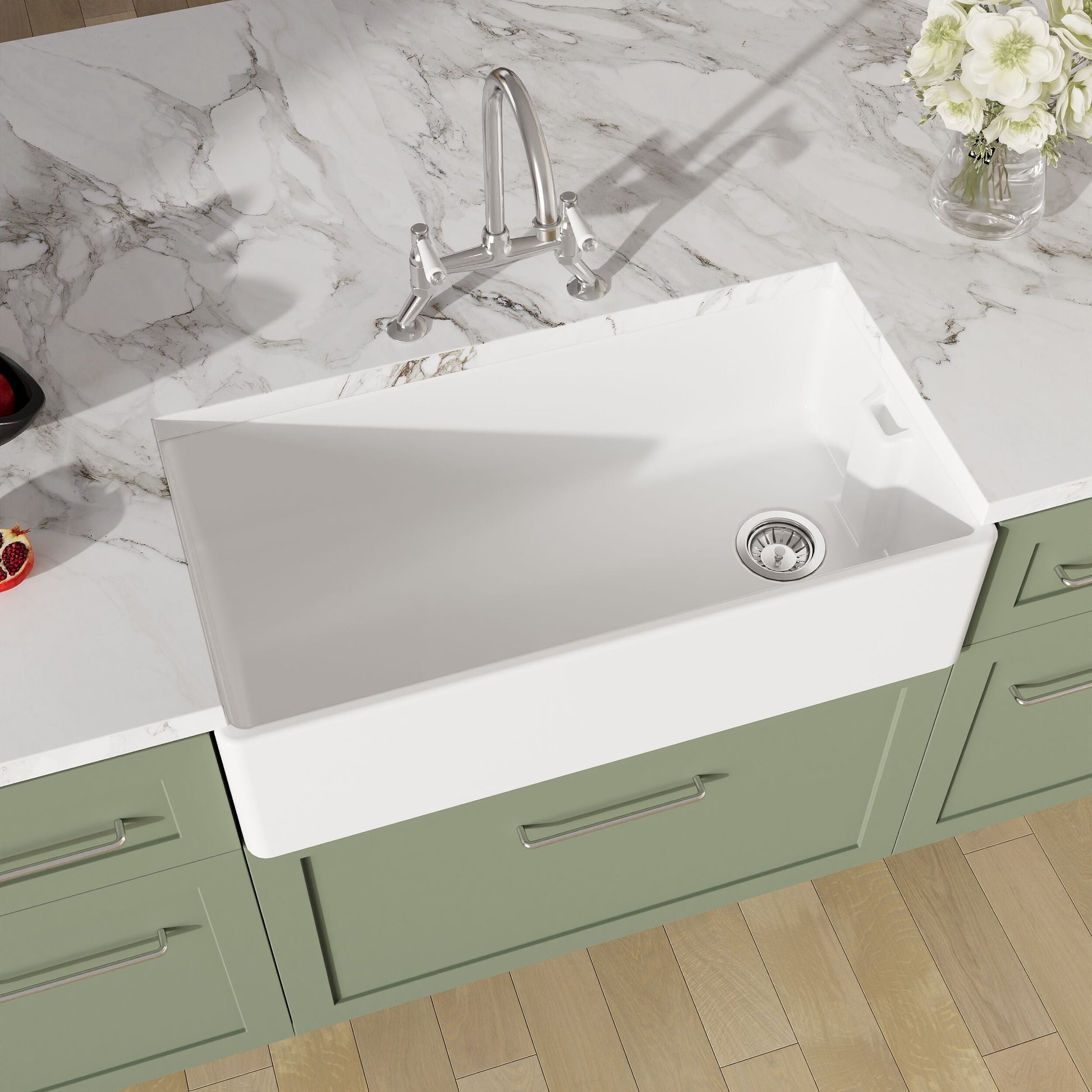 [BKS221WT5] Traditional Fireclay Kitchen Bundle: Single Bowl Belfast Sink, Strainer Waste & Bridge Mixer Tap, 895mm - Chrome - Lifestyle 2