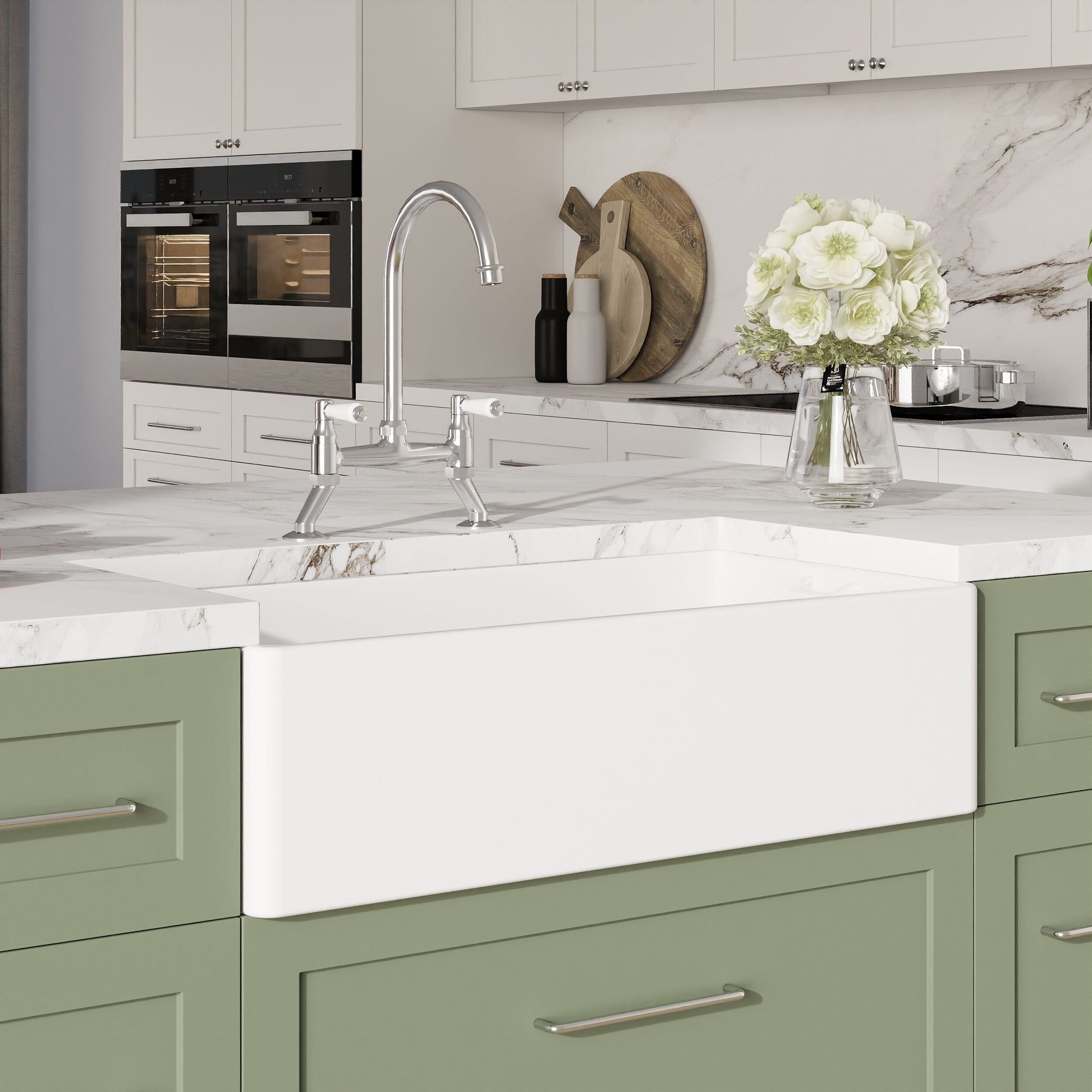 [BKS221WT5] Traditional Fireclay Kitchen Bundle: Single Bowl Belfast Sink, Strainer Waste & Bridge Mixer Tap, 895mm - Chrome - Lifestyle 3