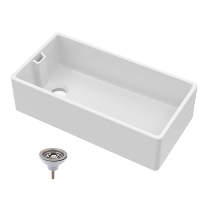 [BKS221W] 1 Bowl Fireclay Ceramic Belfast Kitchen Sink & Basket Strainer Waste, 895mm - Cutout