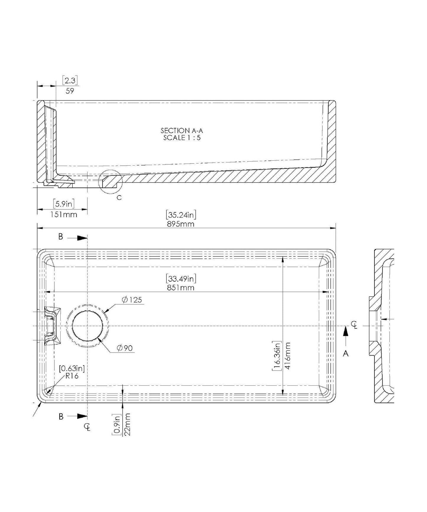 [BKS221W] 1 Bowl Fireclay Ceramic Belfast Kitchen Sink & Basket Strainer Waste, 895mm - Technical Drawing