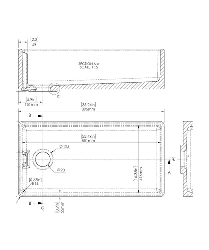 [BKS221W] 1 Bowl Fireclay Ceramic Belfast Kitchen Sink & Basket Strainer Waste, 895mm - Technical Drawing