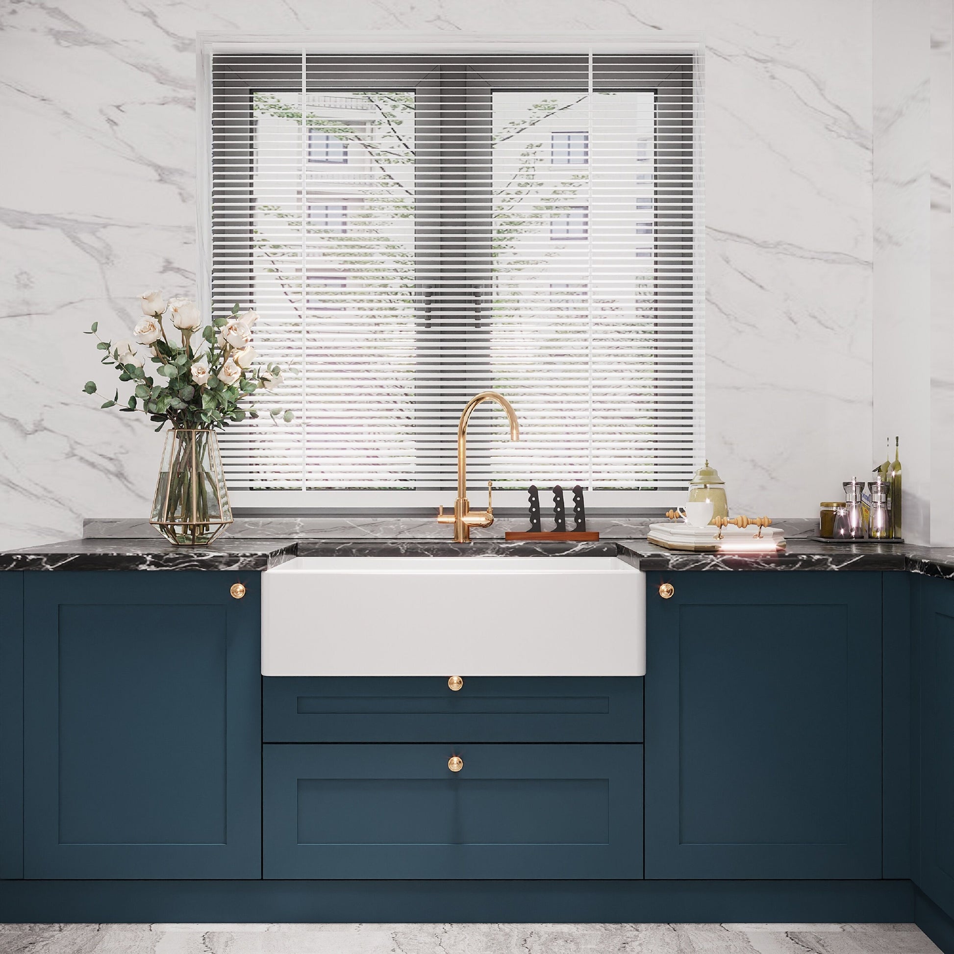 [BKS221W] 1 Bowl Fireclay Ceramic Belfast Kitchen Sink & Basket Strainer Waste, 895mm - Lifestyle 1
