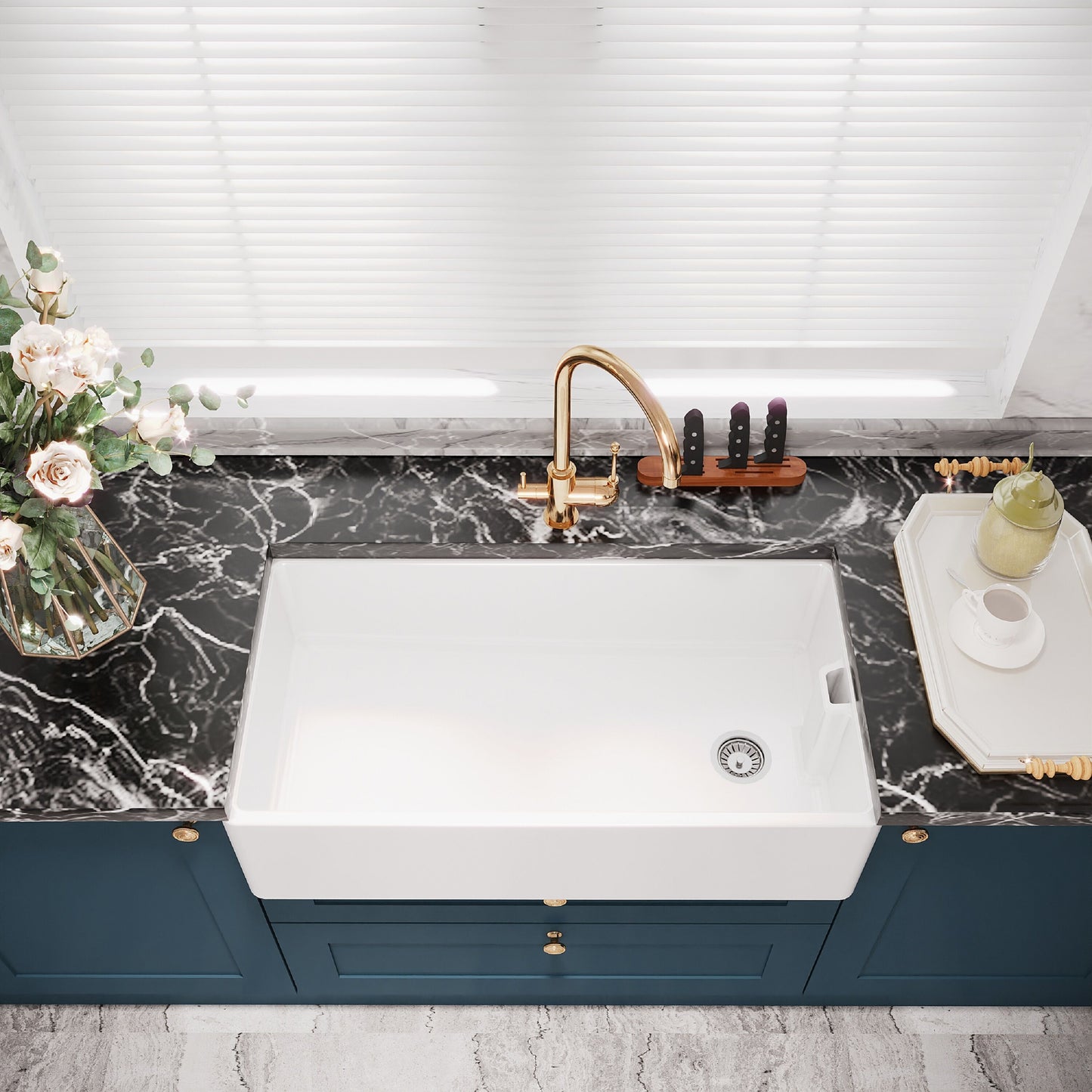 [BKS221W] 1 Bowl Fireclay Ceramic Belfast Kitchen Sink & Basket Strainer Waste, 895mm - Lifestyle 2
