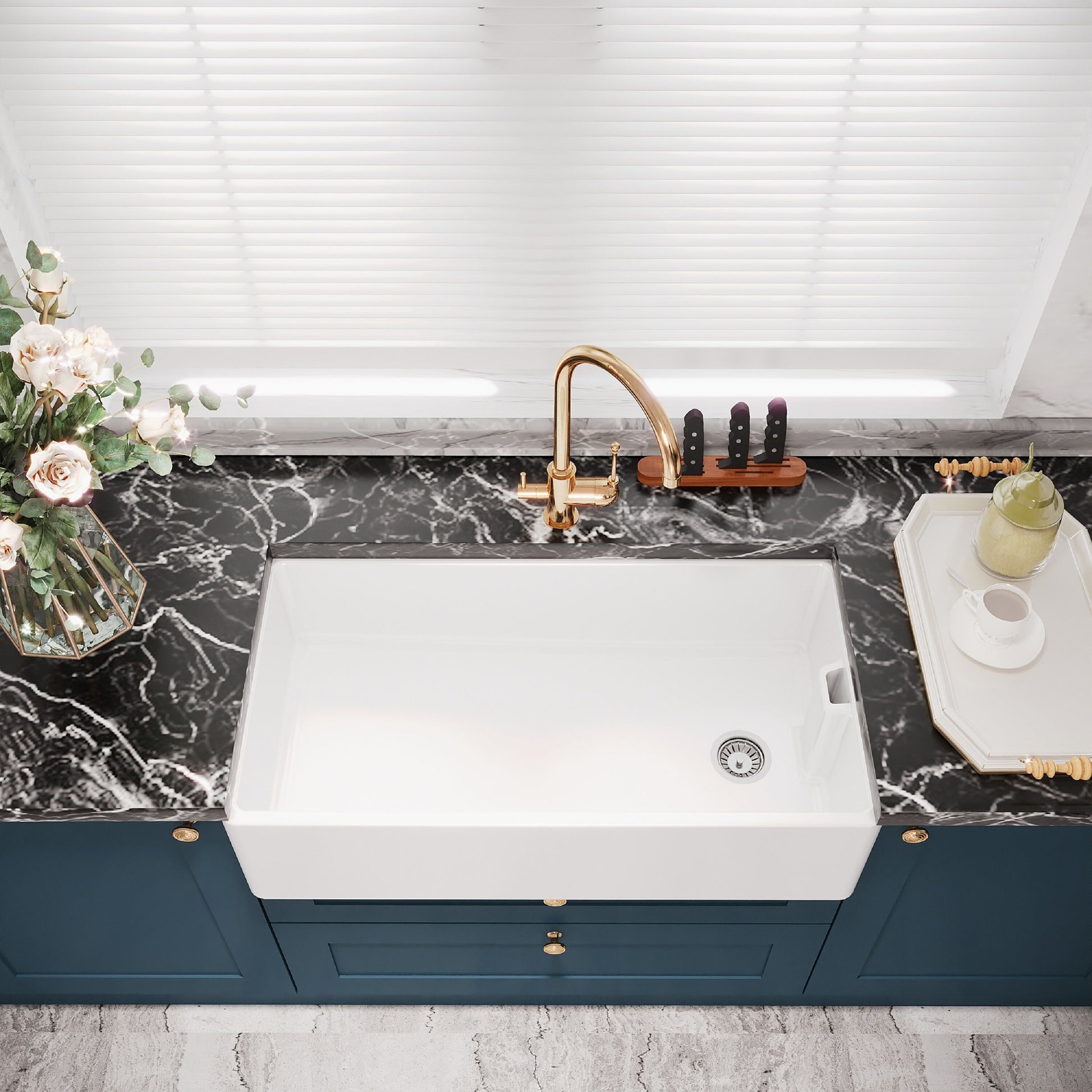 [BKS221W] 1 Bowl Fireclay Ceramic Belfast Kitchen Sink & Basket Strainer Waste, 895mm - Lifestyle 2