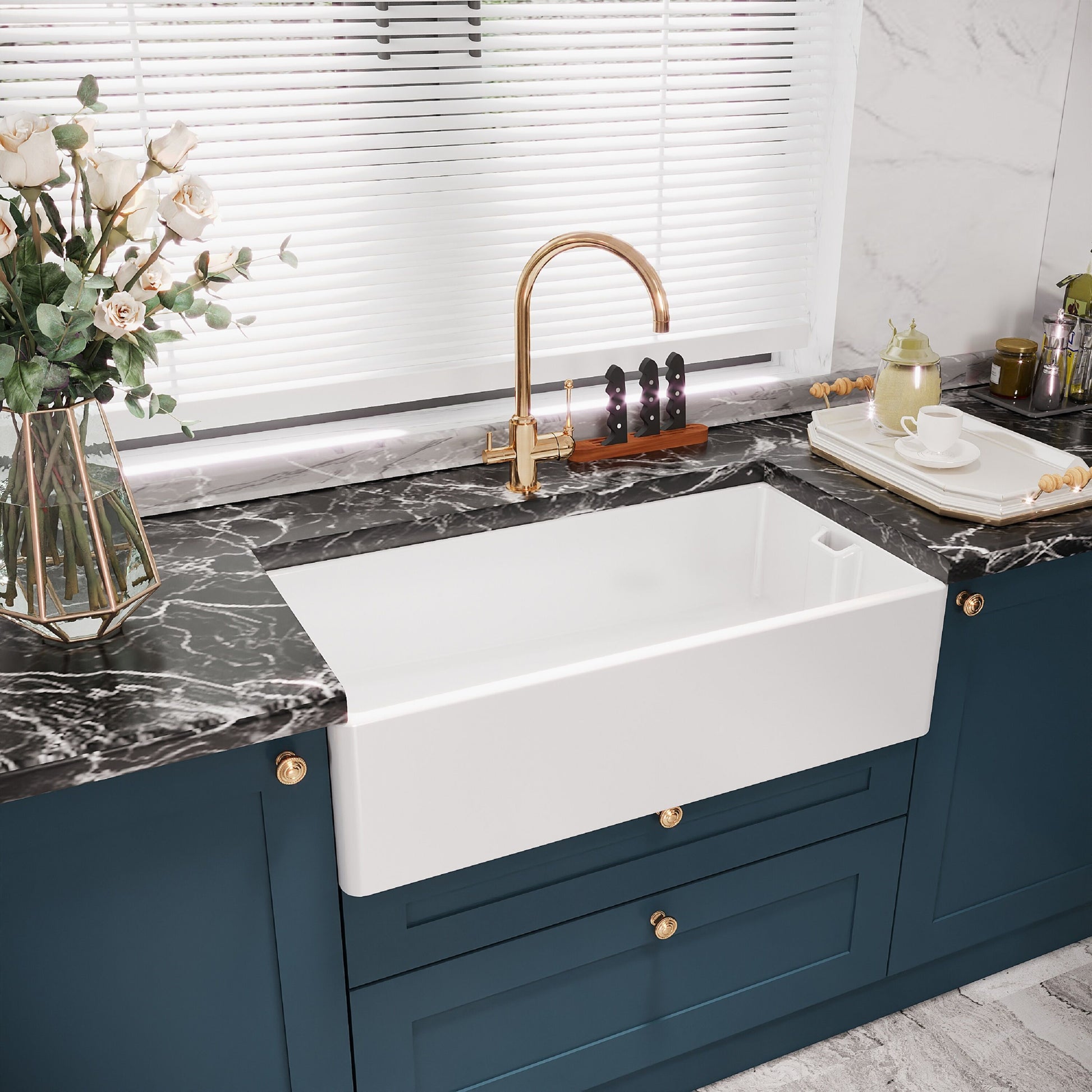 [BKS221W] 1 Bowl Fireclay Ceramic Belfast Kitchen Sink & Basket Strainer Waste, 895mm - Lifestyle 3